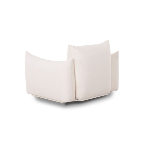 White outdoor armchair with two side cushions and a single seat cushion, black feet
