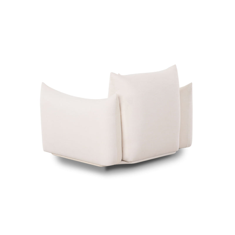 White outdoor armchair with two side cushions and a single seat cushion, black feet