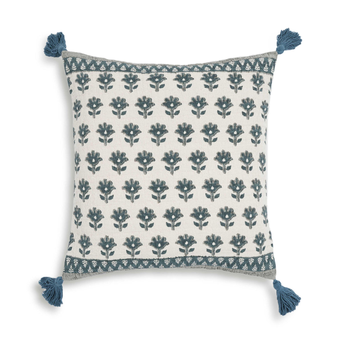 Blossom - Printed Cotton Tassel 20" Accent Cushion - Blue
