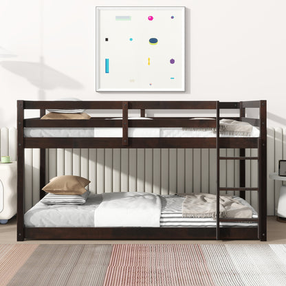 Solid Wooden, Solid Rubber Wooden Twin over Twin Floor Bunk Bed with Ladder, Upper and Bottom Bed Platforms crafted with Strengthened Slats, Espresso