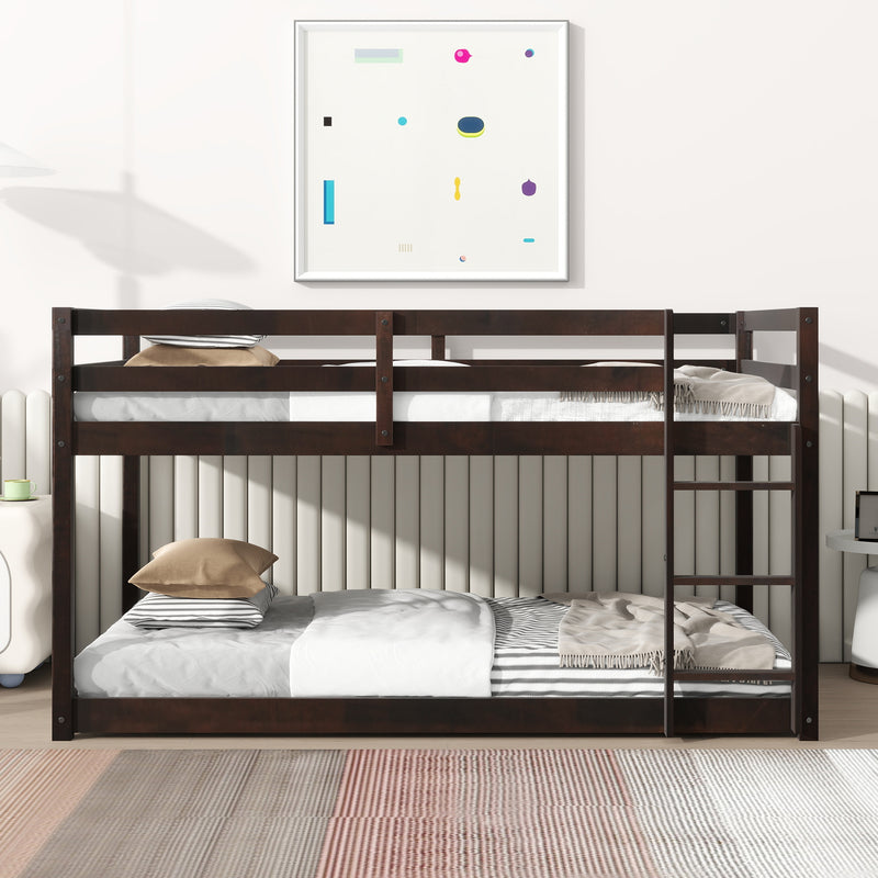 Solid Wooden, Solid Rubber Wooden Twin over Twin Floor Bunk Bed with Ladder, Upper and Bottom Bed Platforms crafted with Strengthened Slats, Espresso