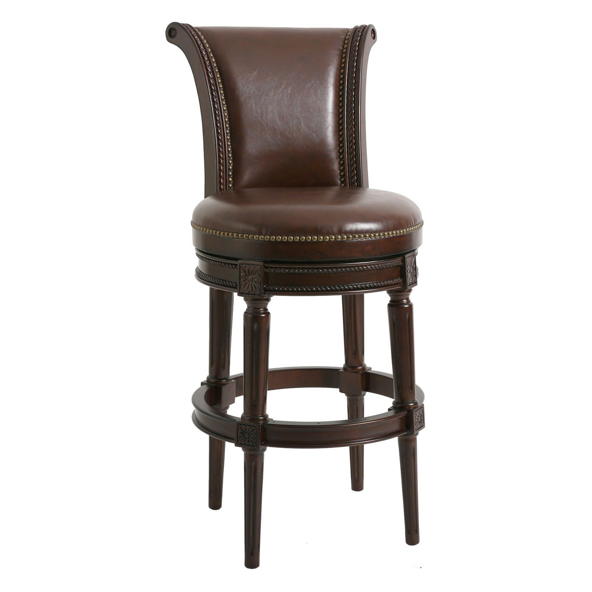 Dark brown high-back swivel barstool, padded leather-look seat with nailhead trim