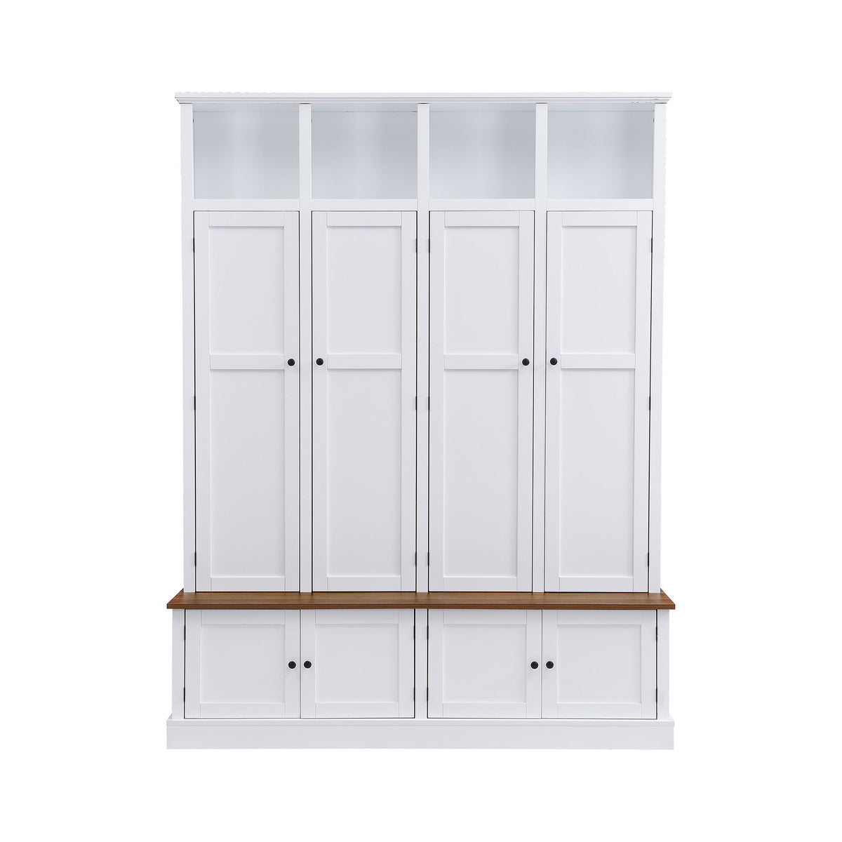 White hall tree with bench base, cabinet doors, and top cubby storage