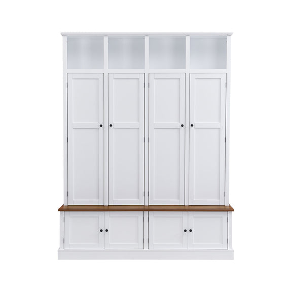 White entryway hall tree cabinet with open top cubbies and four door panels, wood bench ledge.