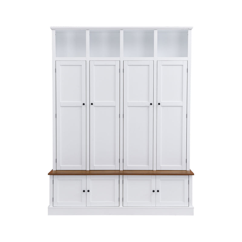 White entryway hall tree cabinet with open top cubbies and four door panels, wood bench ledge.
