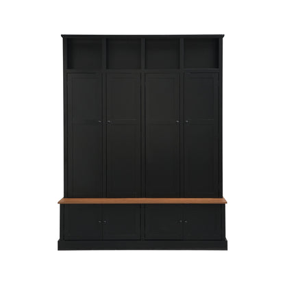 Black hall tree with bench base, cabinet doors, and top cubby storage