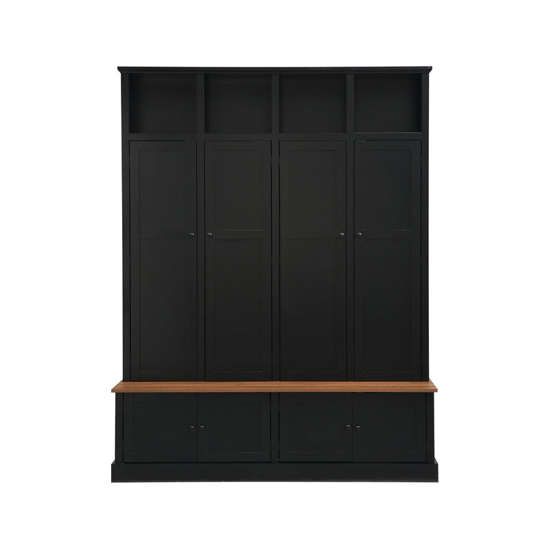 Black entryway hall tree cabinet with open top cubbies and four door panels, wood bench ledge.