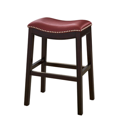 Red upholstered stool with nailhead trim and dark wood legs, square footrest