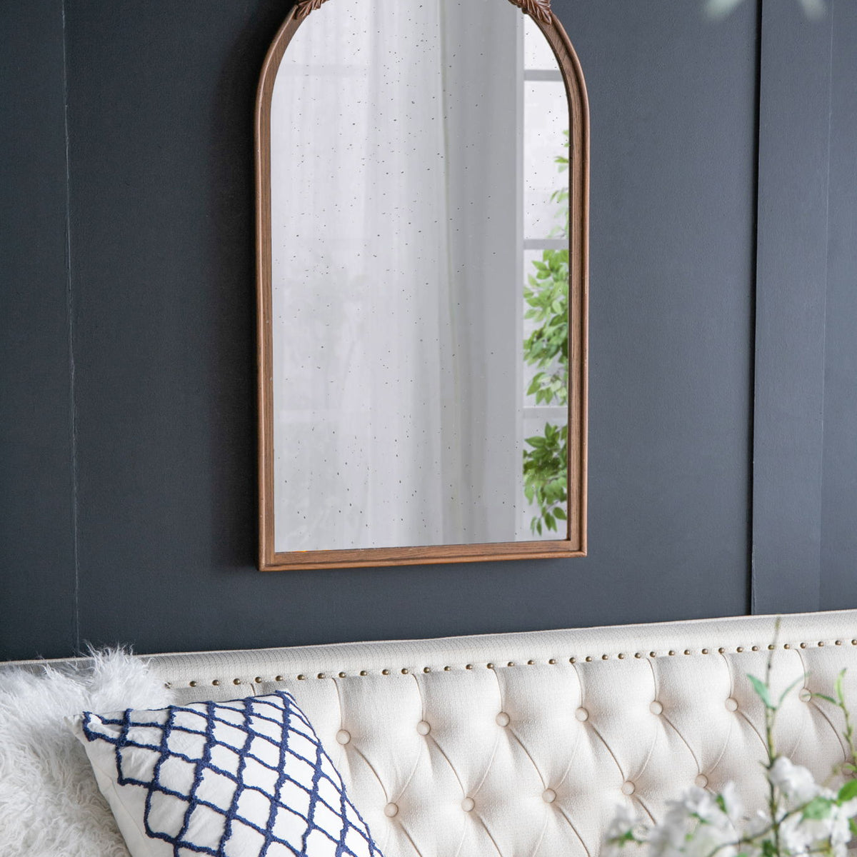 Hand Carved Rose Antique Mirror Frame, Wood Arch Mirror Wall Decor For Living Room