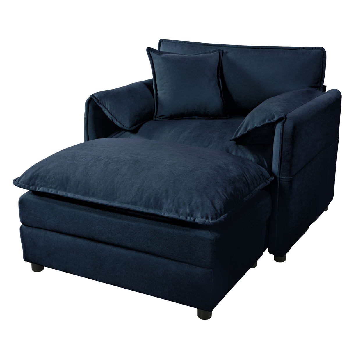 Oversized upholstered lounge chair with movable ottoman, navy blue fabric, thick cushions