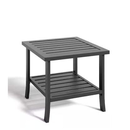 Black two-tier outdoor side table with slatted square top and lower shelf