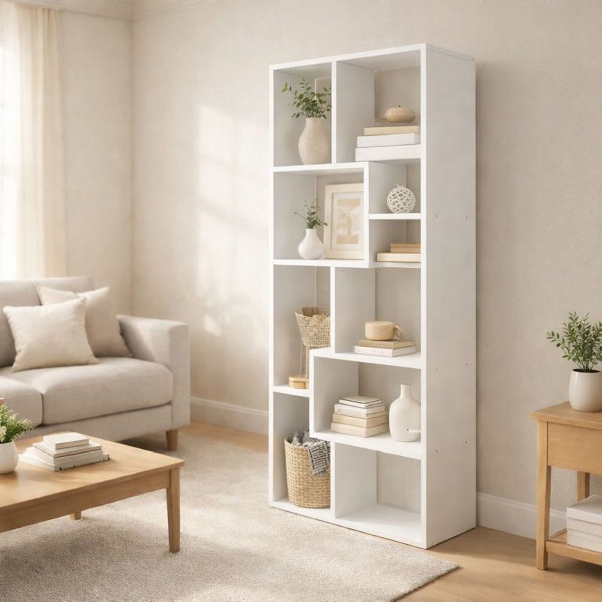 White 5-tier asymmetrical display shelf with open cubbies for books and decor