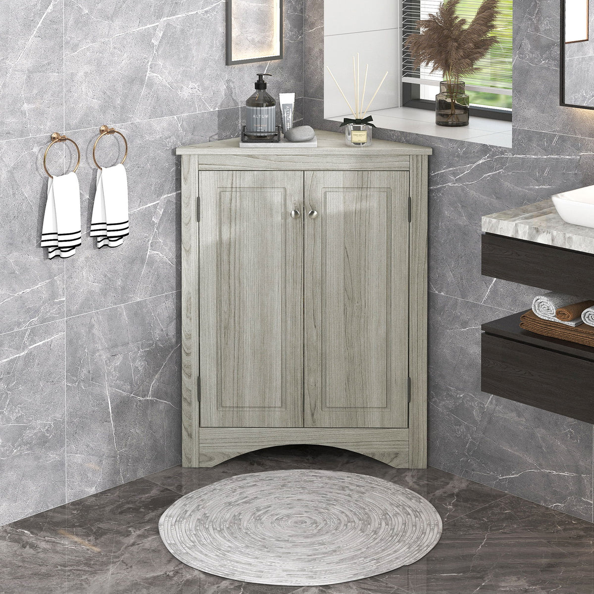 Triangle Bathroom Storage Cabinet With Adjustable Shelves, Freestanding Floor Cabinet - Oak
