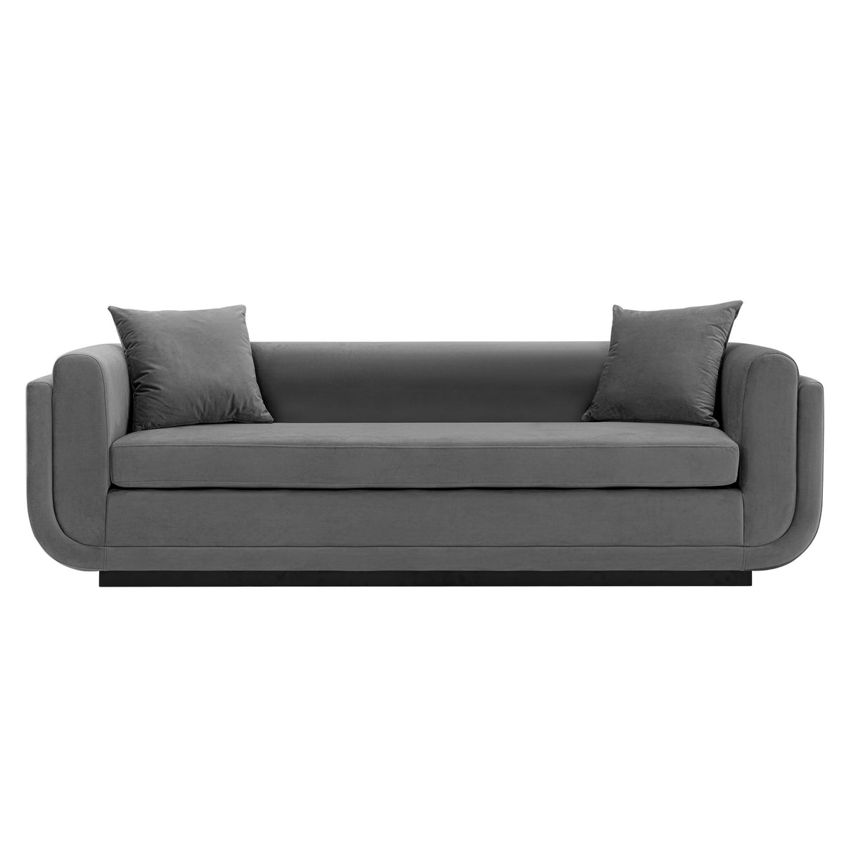 Dark gray upholstered sofa with two square throw pillows and rounded arms