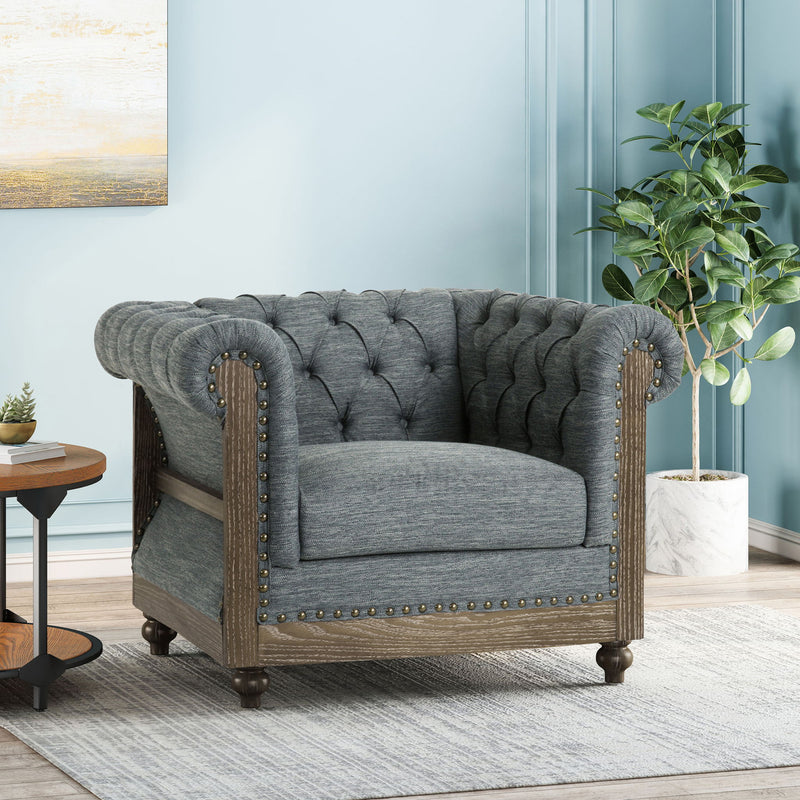 Fabric Upholstered Club Chair With Scrolled Tuxedo Arms