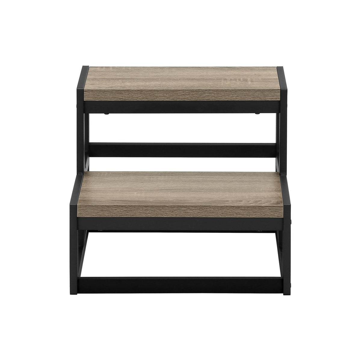 Taupe two-step ladder step stool with black side rails and wide platforms