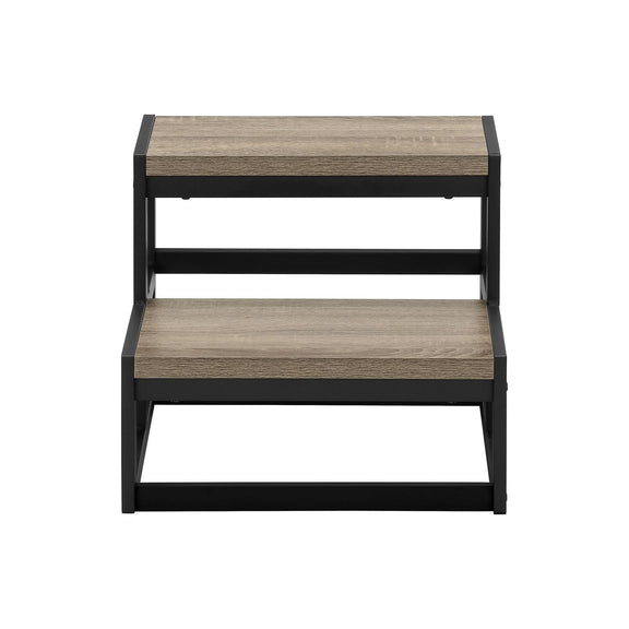 Taupe two-step ladder step stool with black side rails and wide platforms
