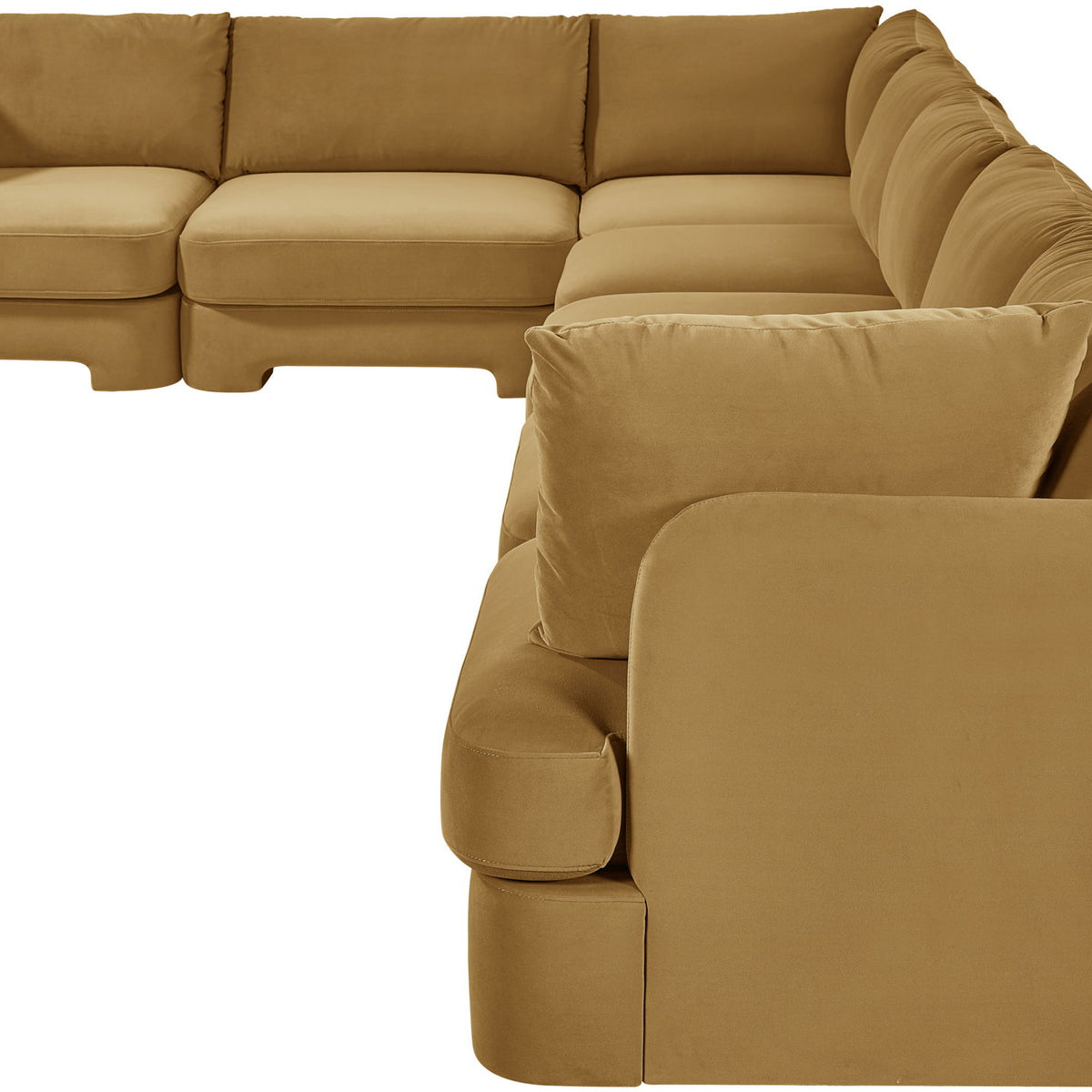 Beige velvet performance fabric sectional sofa with chaise lounge and plush back pillows