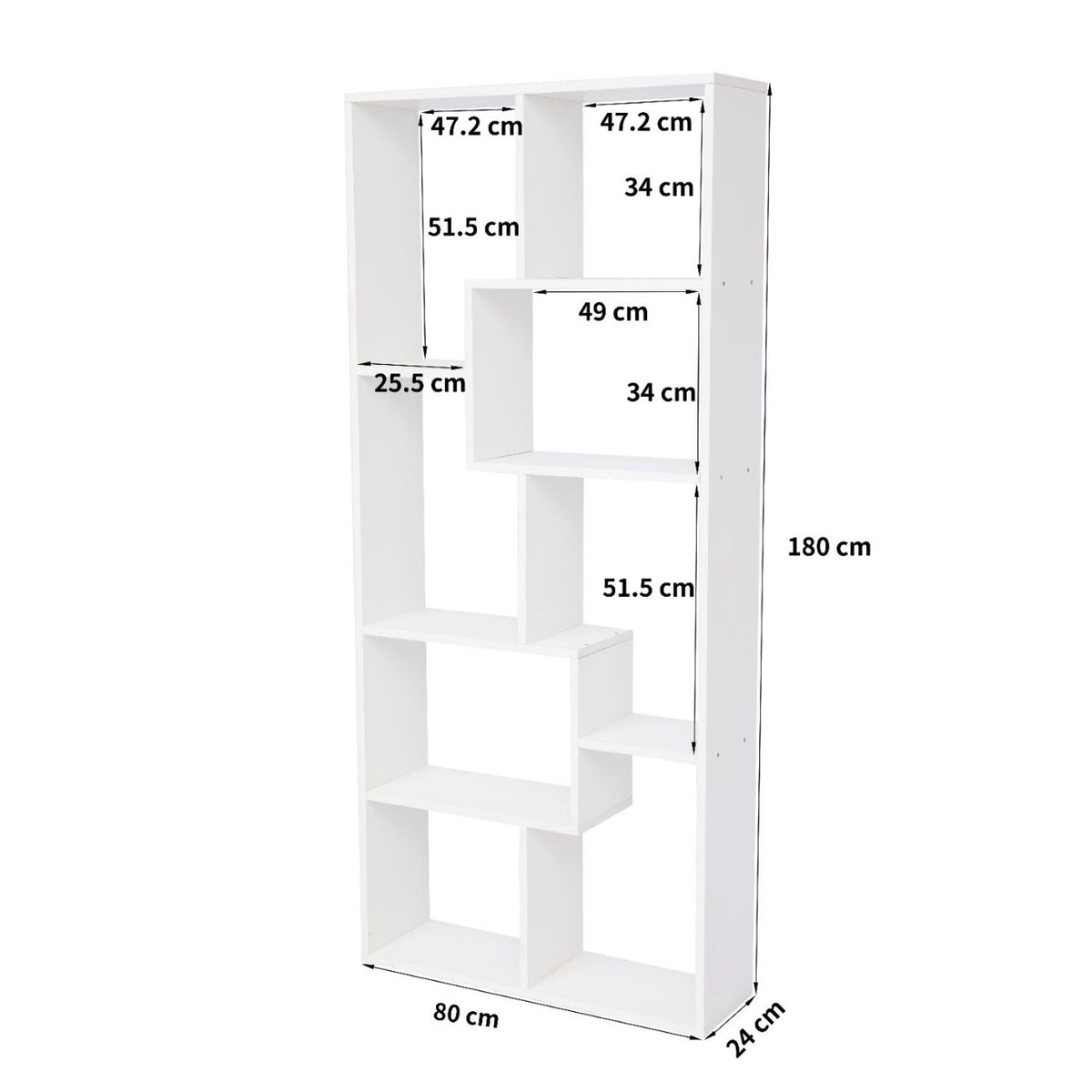 White 5-tier asymmetrical display shelf with shown measurements and open cubbies