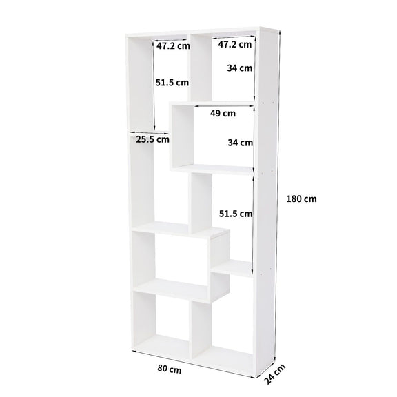 White 5-tier asymmetrical display shelf with shown measurements and open cubbies