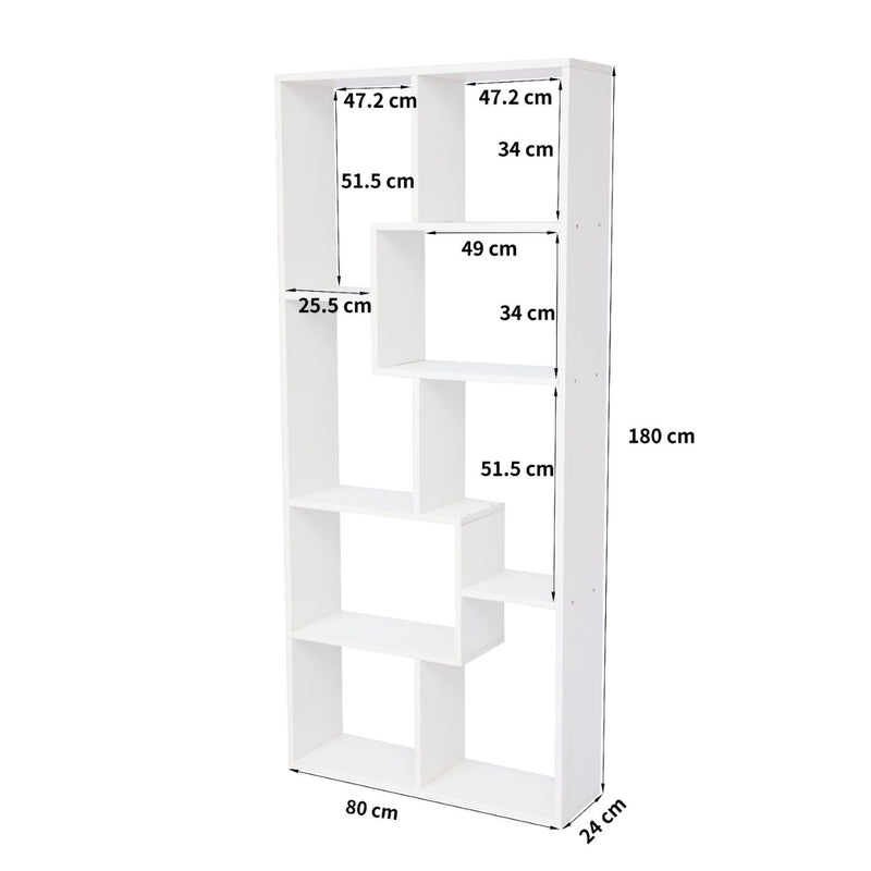 White 5-tier asymmetrical display shelf with shown measurements and open cubbies