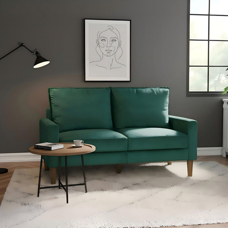 Upholstered 2-seater loveseat sofa in dark green with two back cushions and wooden legs