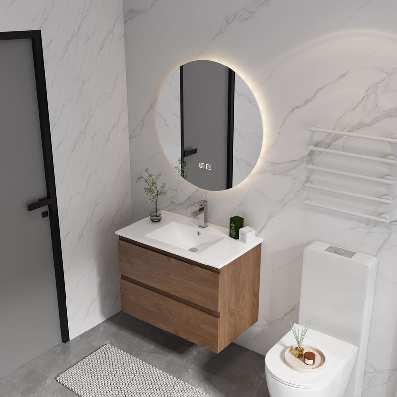 Wall-mounted bathroom vanity with white sink top and two dark brown drawers