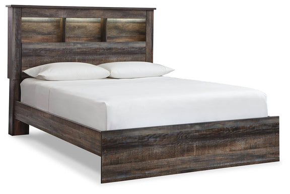 Panel bookcase bed with open-shelf headboard, dark wood frame, white mattress and pillows