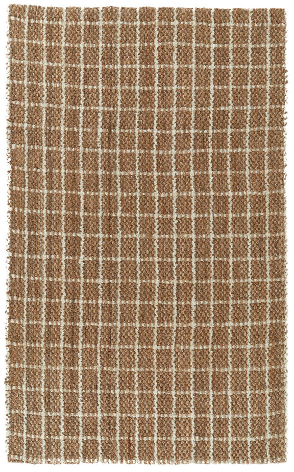 Chenille area rug in ivory and natural windowpane plaid with uniform grid lines