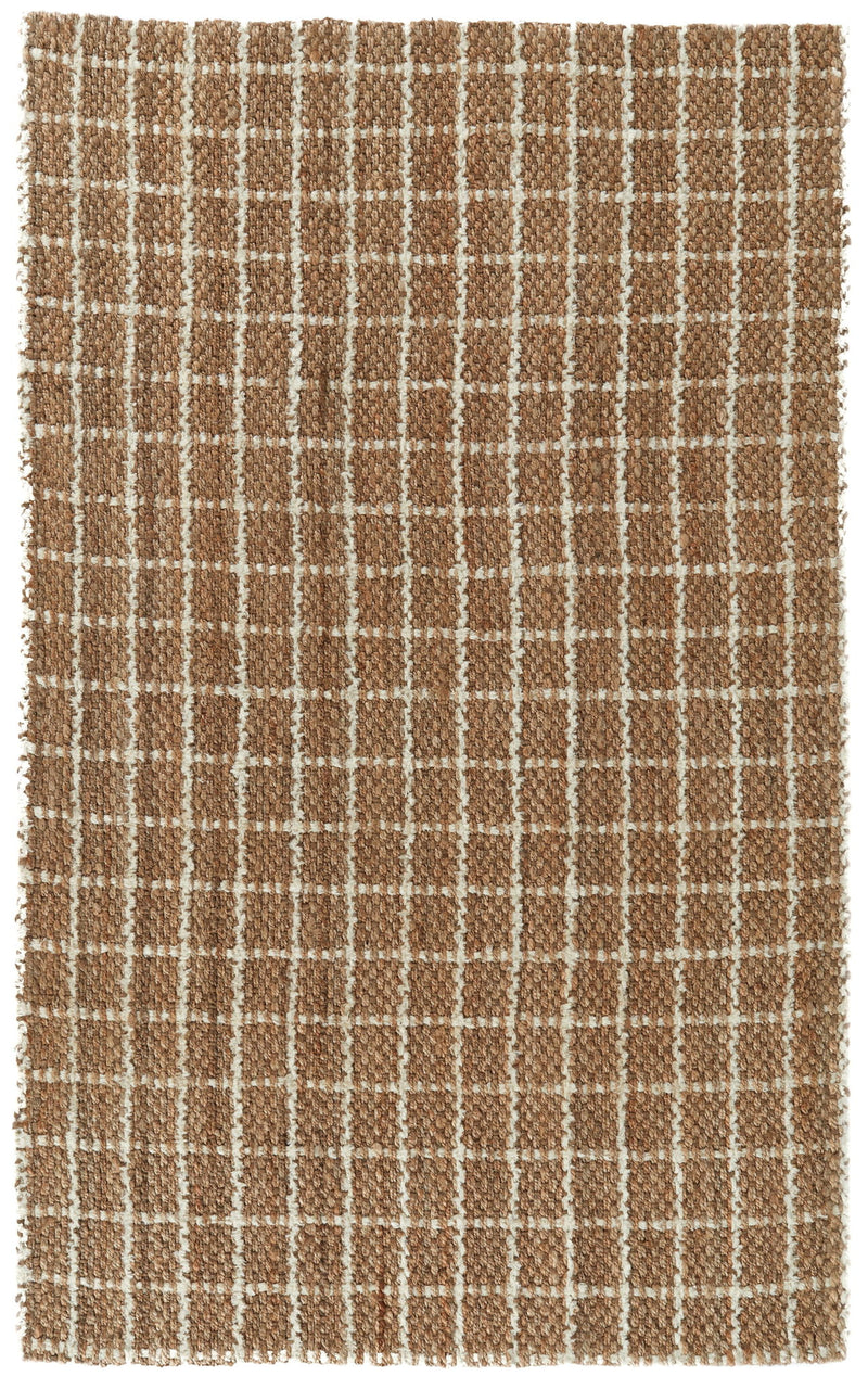 Chenille area rug in ivory and natural windowpane plaid with uniform grid lines