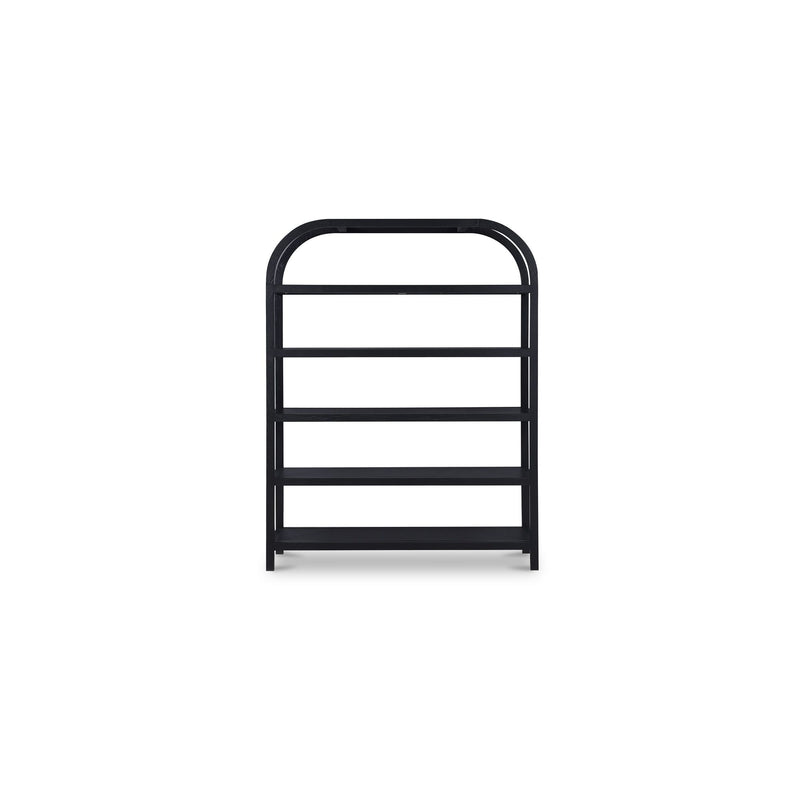Black metal bookcase with arched top and four open shelves
