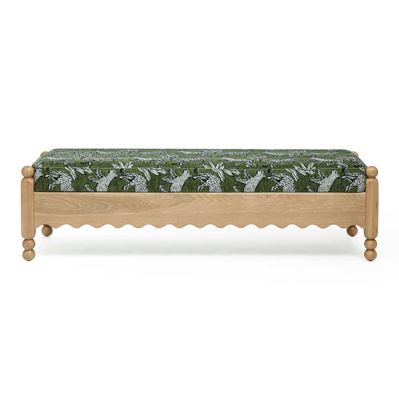 Green leopard jacquard upholstered bench with scalloped skirt and wooden legs