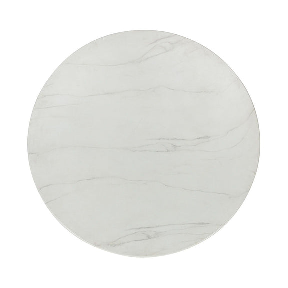 Outdoor round dining table top, white marble-look round surface with gray veining