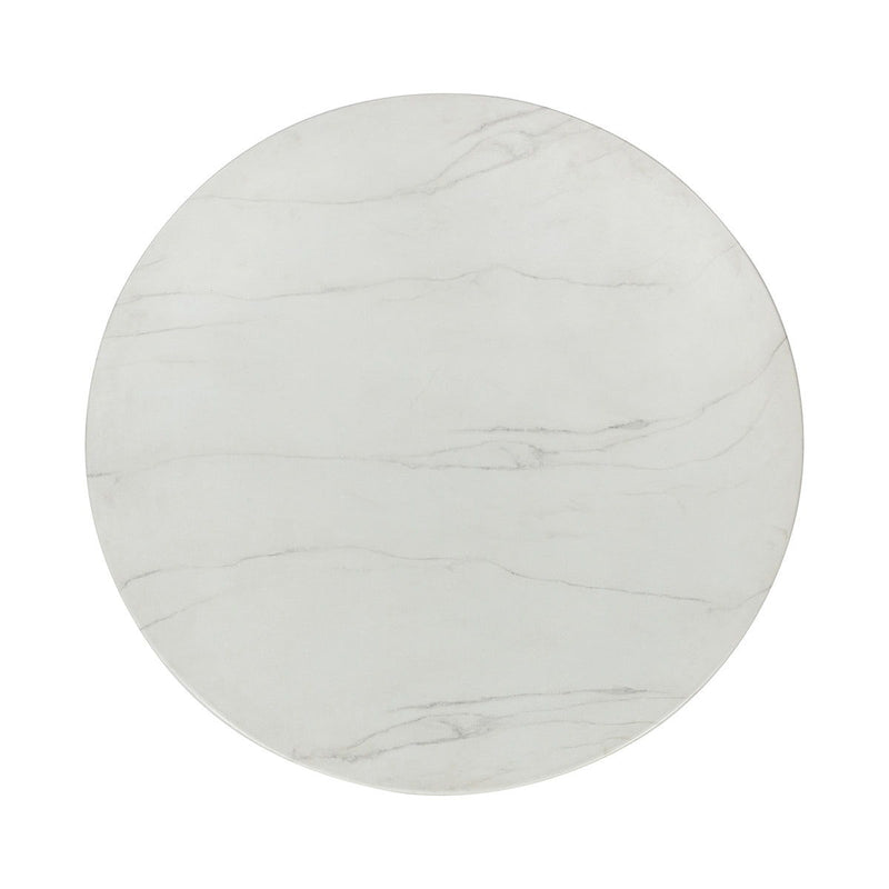 Outdoor round dining table top, white marble-look round surface with gray veining
