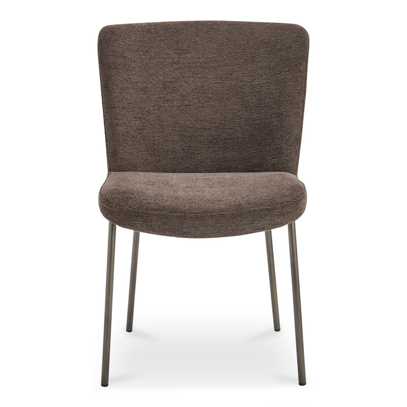 Dark brown upholstered dining chair with a rounded seat and slim metal legs
