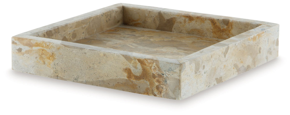 Light beige stone tray with squared edges and mottled finish (set of 2)