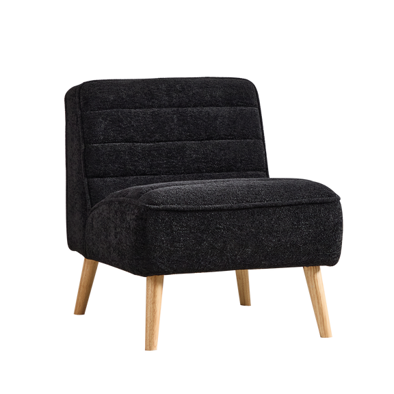 Armless upholstered chair with black chenille seat and back, rubber-wood legs