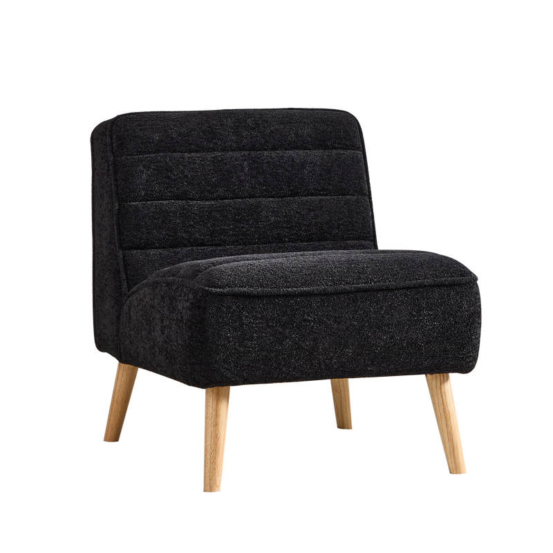 Armless upholstered chair with black chenille seat and back, rubber-wood legs