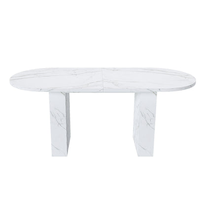 Oval dining table with white marble-look top and white wood strip base