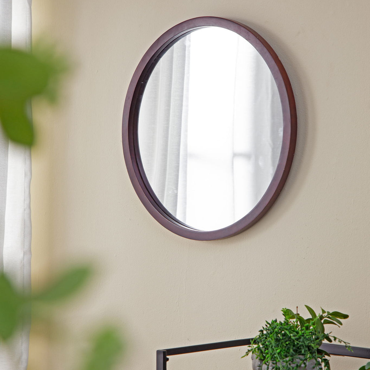 Circle Wall Mirror With Wooden Frame, Wall Mirror For Living Room