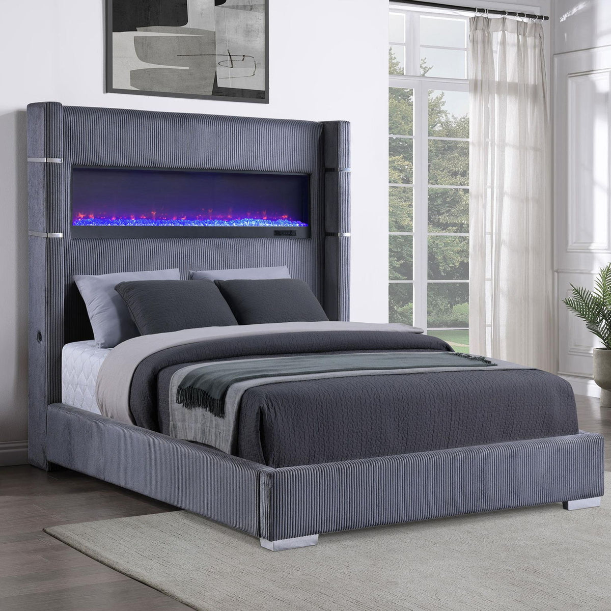Tisdall Upholstered Queen Flame Visualizer Bed Grey