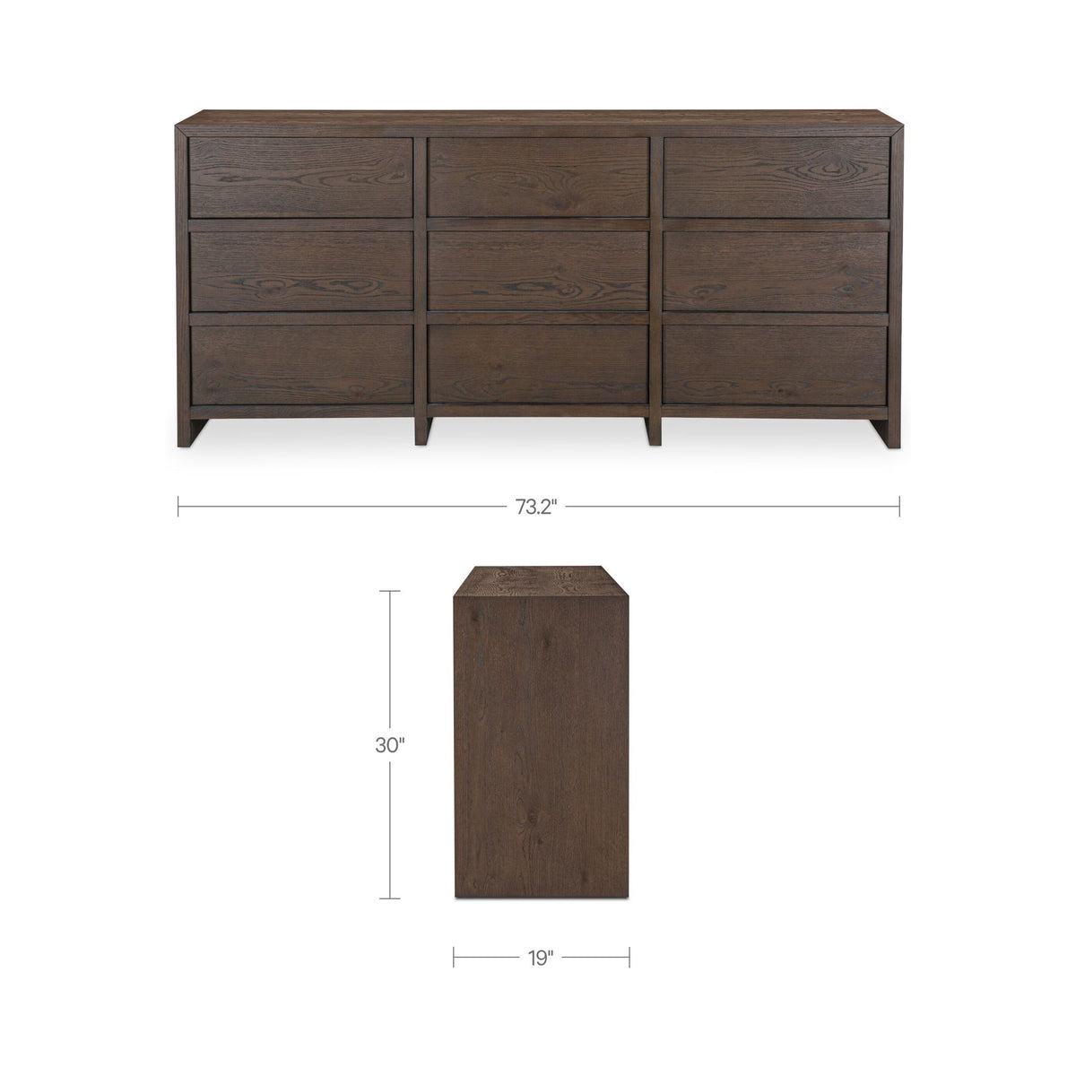 Brown 9-drawer dresser front with 3x3 drawer layout and matching dark base