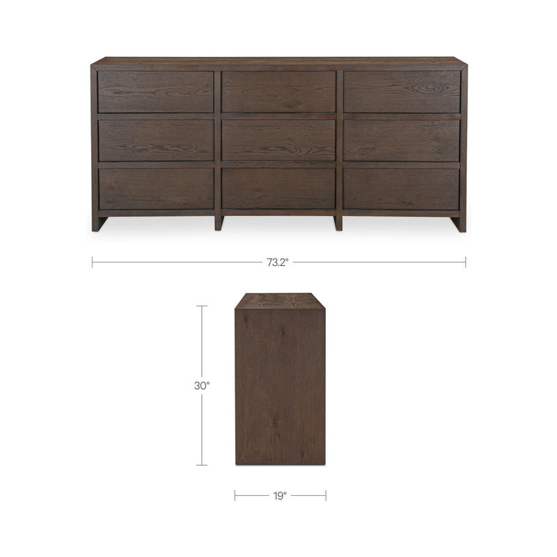 Brown 9-drawer dresser front with 3x3 drawer layout and matching dark base