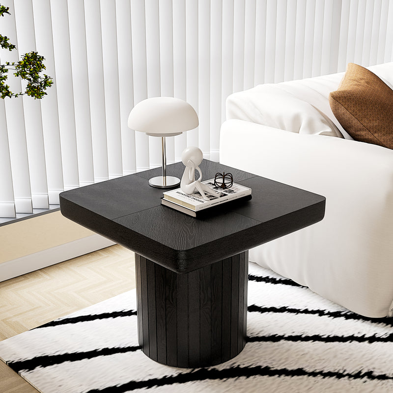 End Table Wood Veneer Cylindrical Base Black 23.6-inch