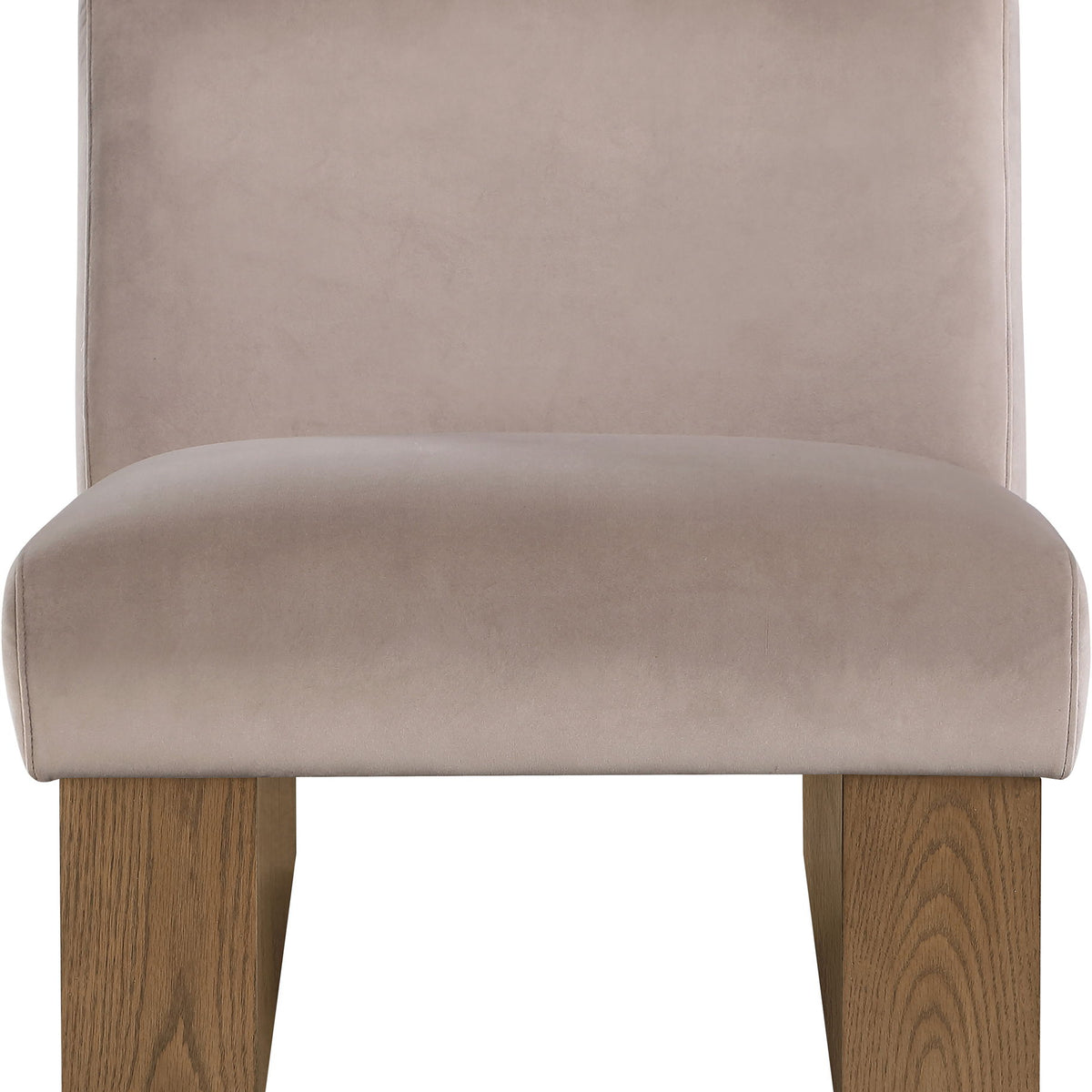 Velvet accent chair with taupe fabric and walnut-toned wooden legs, rounded seat.
