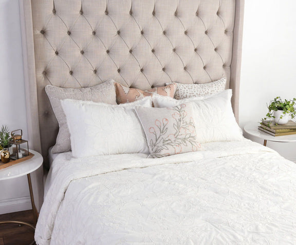 Antique cream standard sham pillow covers with textured floral pattern and stitched border