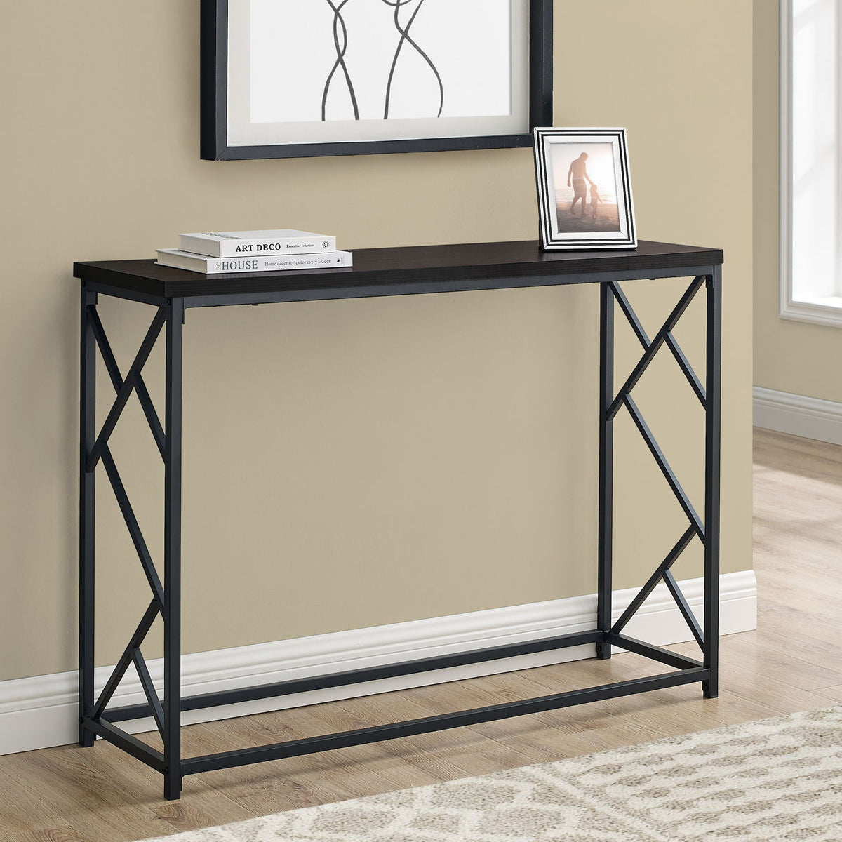 Modern entryway console table with dark gray tabletop and black metal cross braces