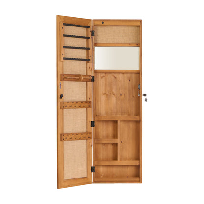 Light brown wall-mounted jewelry cabinet with open compartments and built-in full-length mirror