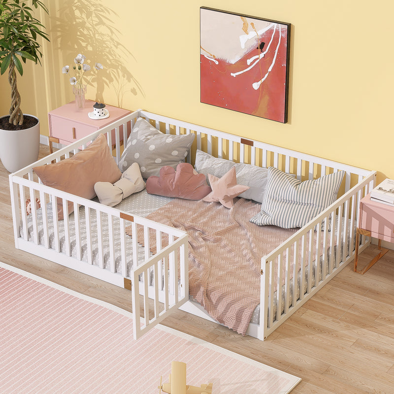 Full Size Floor Bed with High Fence Railings, with Door,6 Slats Included, Rubber Wood Floor Bed with Safety Guardrails, White