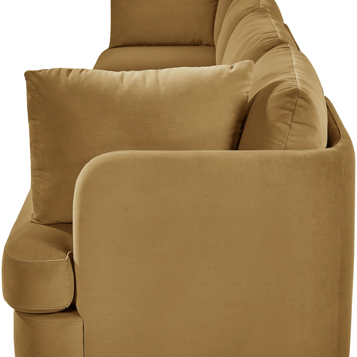 Beige velvet performance fabric modular sofa with rounded arms and multiple back cushions